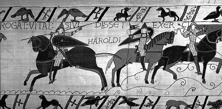 Tapisserie de Bayeux (avers),  62B : Le soldat d'Harold indique à Guillaume où est l'ennemi, le duc le laisse libre