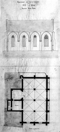 Plan général (encre de Chine et rehauts à l'aquarelle) et élévation de la façade latérale (plume et au lavis)