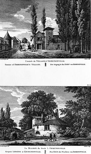 Gravure : L'entrée du village et la maison du garde