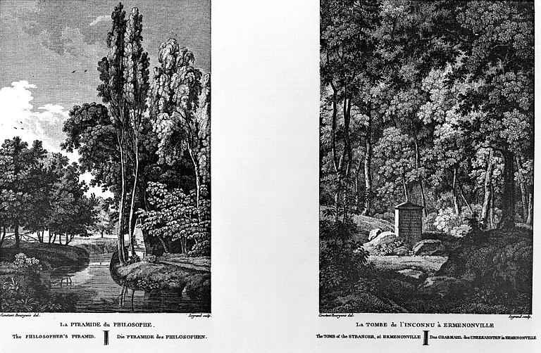 Gravure : La tombe de l'inconnu et la pyramide du philosophe