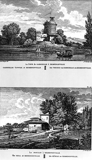 Gravure : La tour de Gabrielle et le Moulin