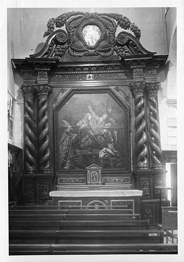 Retable, tableau : 'La mort de saint Joseph', retable architecturé à fronton sculpté de chutes de fruits