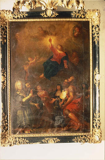 Tableau : 'L'Adoration du Sacré Coeur de Marie par Monseigneur Belzunce en présence de plusieurs saints', huile sur toile