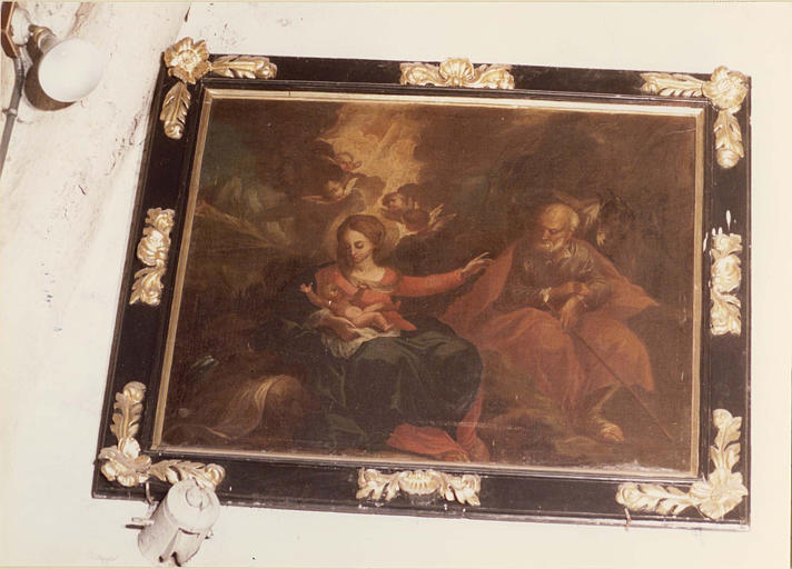 Tableau : 'La Sainte Famille', huile sur toile, cadre en bois noirci et doré sculpté de fleurs et coquilles