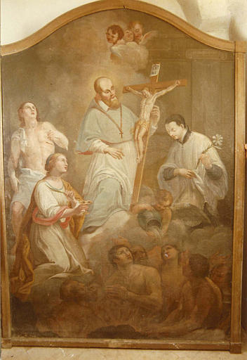 Tableau : 'Saint François de Sales entre saint Louis de Gonzague, saint Sébastien et sainte Lucie', huile sur toile