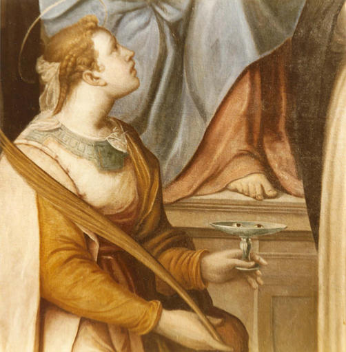 Tableau : 'La Vierge du Rosaire entourée de saint Dominique, sainte Catherine de Sienne et sainte Lucie', détail de sainte Lucie ; après restauration