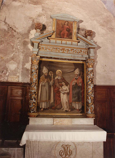 Retable, tableaux (2) : 'L'Education de la Vierge avec saint Eloi et saint Denis', 'L'Enfant Jésus bénissant de la main droite', retable architecturé