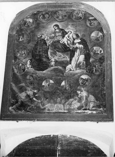 Tableau : 'La Vierge du Rosaire et les âmes du Purgatoire', huile sur toile cintrée