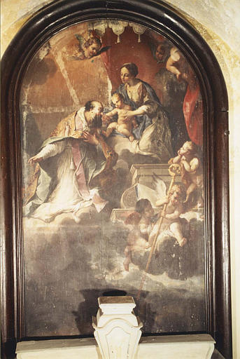 Tableau : 'Saint Hilaire aux pieds de la Vierge et de l'Enfant', huile sur toile