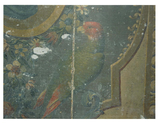 Tableau : 'La Donation du Rosaire', détail d'un perroquet, huile sur bois