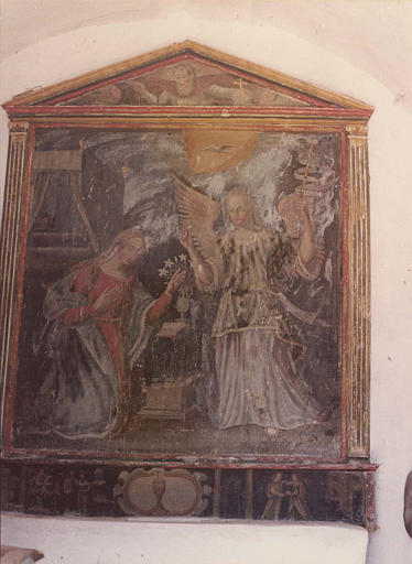 Retable, tableau : 'L'Annonciation', prédelle peinte des scènes de la Visitation et de l'Adoration des mages, 1604