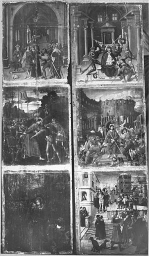 Retable, tableaux (8) : scènes de la Passion depuis le baiser de Judas jusqu'à la libération de Barrabas, panneaux peints