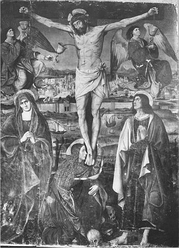 Retable du Crucifix, tableau : 'Le Calvaire', deux anges recueillent le sang du Christ, panneau peint ; avant restauration