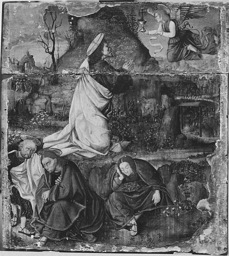 Retable du Crucifix, tableau : 'Le Christ au jardin des Oliviers', panneau peint ; avant restauration