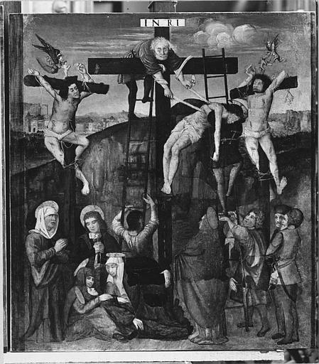 Retable du Crucifix, tableau : 'La déposition de croix', panneau peint ; après restauration