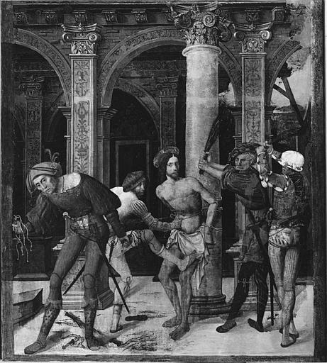 Retable du Crucifix, tableau : 'La flagellation', panneau peint ; après restauration