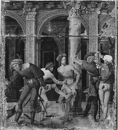 Retable du Crucifix, tableau : 'La flagellation', panneau peint ; avant restauration