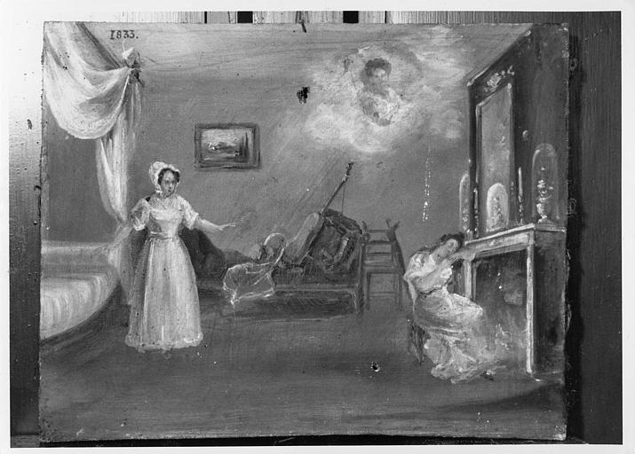 Ex-voto : accident survenu à une jeune femme endormie près de la cheminée, remerciements à saint Jean, huile sur toile, 1833