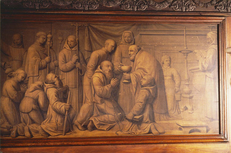 Tableau : 'Vie de saint François de Paule', le saint donnant la communion, huile sur bois, d'un ensemble de dix