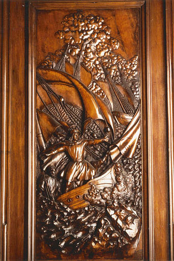 Choeur, lambris de revêtement : 'Vie de Saint Louis', bois sculpté en bas-relief (détail)