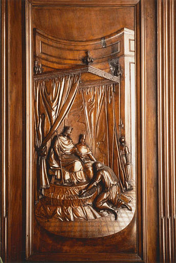 Choeur, lambris de revêtement : 'Vie de Saint Louis', bois sculpté en bas-relief (détail)