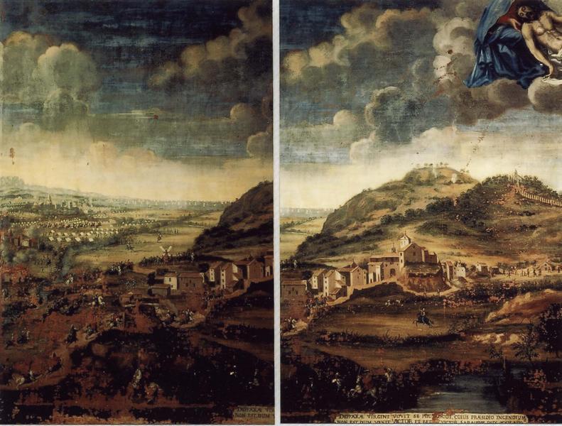 ex-voto 6 (cadre) : Scène de bataille dans la plaine d'Argens (invasion des troupes du duc de Savoie), vue partielle - © Ministère de la Culture (France), Médiathèque du patrimoine et de la photographie (objets mobiliers), tous droits réservés