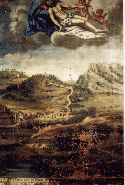 ex-voto 6 (cadre) : Scène de bataille dans la plaine d'Argens (invasion des troupes du duc de Savoie), vue partielle - © Ministère de la Culture (France), Médiathèque du patrimoine et de la photographie (objets mobiliers), tous droits réservés