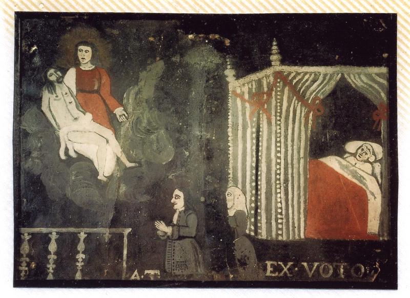 ex-voto 43 : Guérison d'un malade alité. Couple en prière devant Notre-Dame-de-Pitié représentée au-dessus d'une balustrade, vue générale - © Ministère de la Culture (France), Médiathèque du patrimoine et de la photographie (objets mobiliers), tous droits réservés