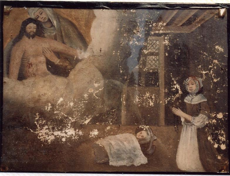 ex-voto 57 : Guérison d'un enfant dans un berceau. La mère agenouillée égrène le rosaire devant Notre-Dame-de-Pitié, vue générale - © Ministère de la Culture (France), Médiathèque du patrimoine et de la photographie (objets mobiliers), tous droits réservés