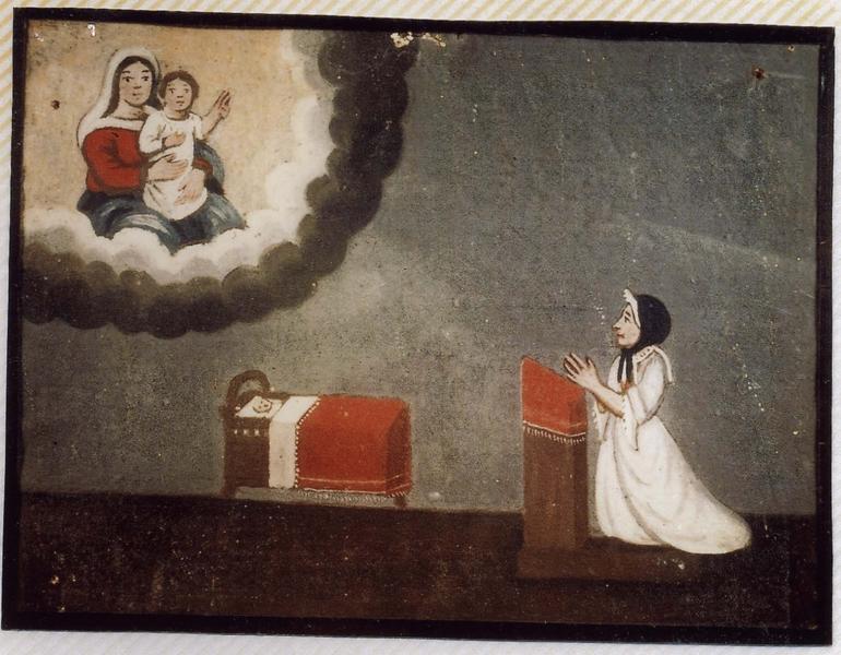 ex-voto 61 : Guérison d'un enfant dans un berceau. La mère implore la Vierge à l'enfant sur son prie-dieu, vue générale - © Ministère de la Culture (France), Médiathèque du patrimoine et de la photographie (objets mobiliers), tous droits réservés