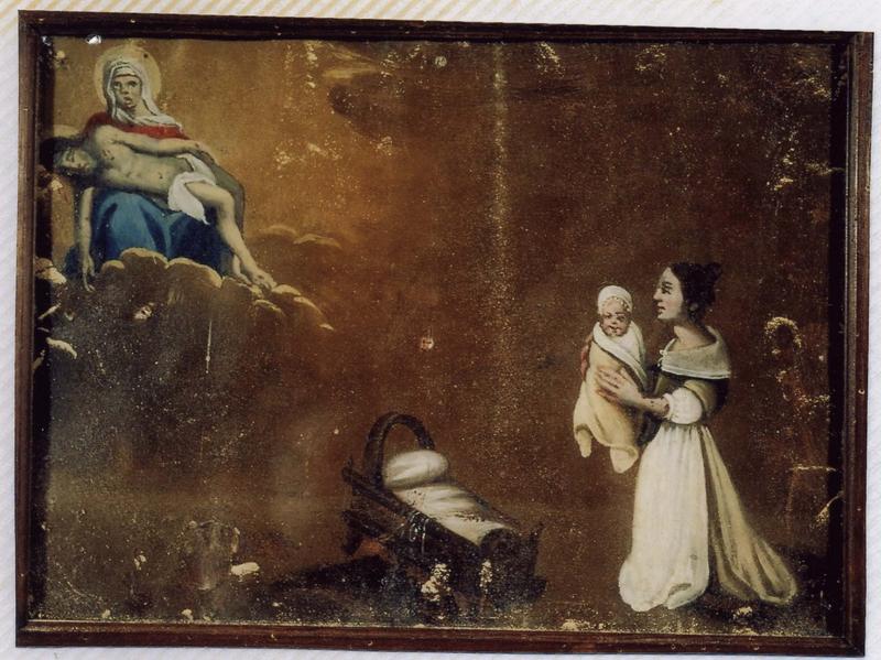 ex-voto 62 (cadre) : Guérison d'un enfant. La mère présente son enfant emmitouflé à Notre-Dame-de-Pitié, vue générale - © Ministère de la Culture (France), Médiathèque du patrimoine et de la photographie (objets mobiliers), tous droits réservés