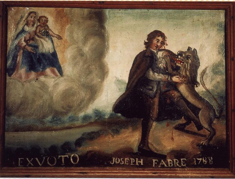 ex-voto 78 (cadre) : Homme attaqué par un loup. Ex-voto de Joseph Fabre, vue générale - © Ministère de la Culture (France), Médiathèque du patrimoine et de la photographie (objets mobiliers), tous droits réservés