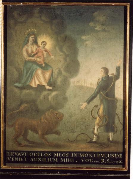 ex-voto 79 (cadre) : Homme attaqué par des serpents et un lion. Invocation de la Vierge à l'Enfant, vue générale - © Ministère de la Culture (France), Médiathèque du patrimoine et de la photographie (objets mobiliers), tous droits réservés