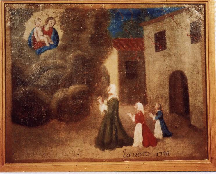 ex-voto 88 (cadre) : Protection obtenue contre un incendie. Femme et deux jeunes filles en prière devant la Vierge à l'Enfant, vue générale - © Ministère de la Culture (France), Médiathèque du patrimoine et de la photographie (objets mobiliers), tous droits réservés