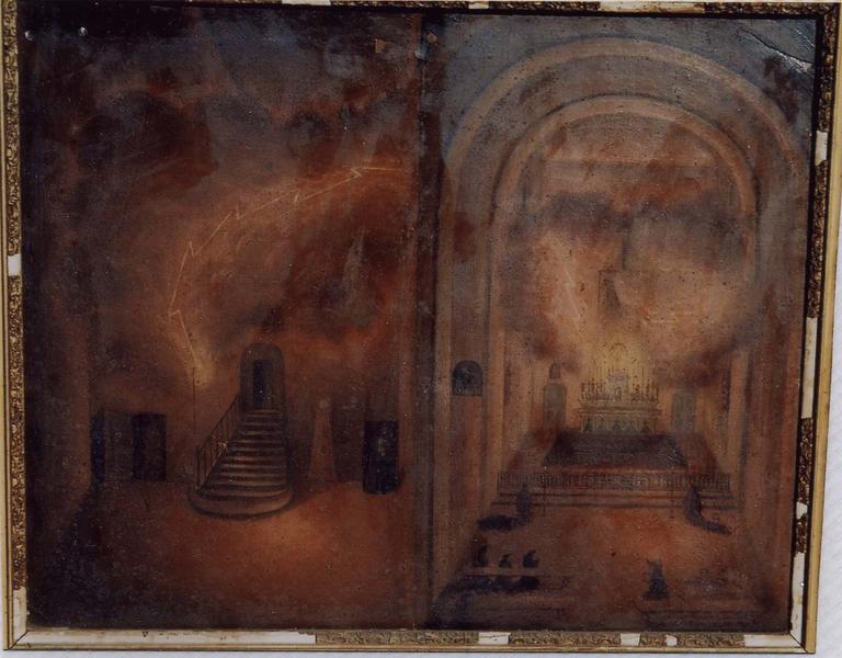 ex-voto 89 (cadre) : Incendie provoqué par la foudre dans un monastère (vestibule et chapelle), vue générale - © Ministère de la Culture (France), Médiathèque du patrimoine et de la photographie (objets mobiliers), tous droits réservés