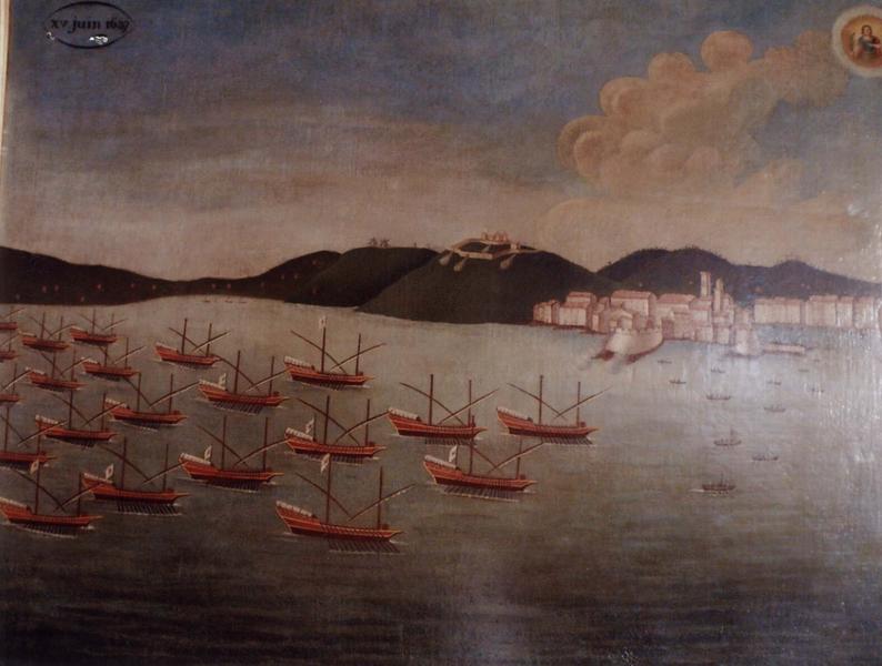ex-voto 104 (cadre) : Bataille des Espagnols (Arrivée des galères devant le port de Saint-Tropez), vue générale - © Ministère de la Culture (France), Médiathèque du patrimoine et de la photographie (objets mobiliers), tous droits réservés