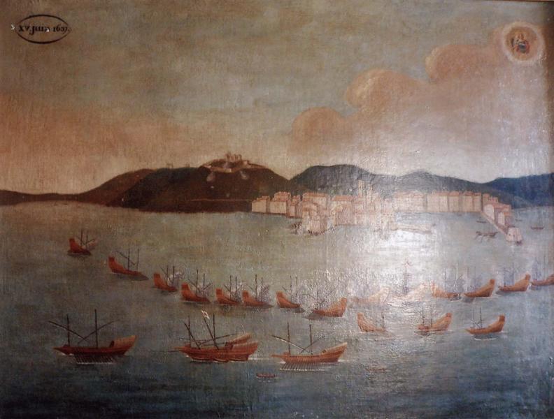 ex-voto 105 (cadre) : Bataille des Espagnols (Attaque de le flotte française), vue générale - © Ministère de la Culture (France), Médiathèque du patrimoine et de la photographie (objets mobiliers), tous droits réservés