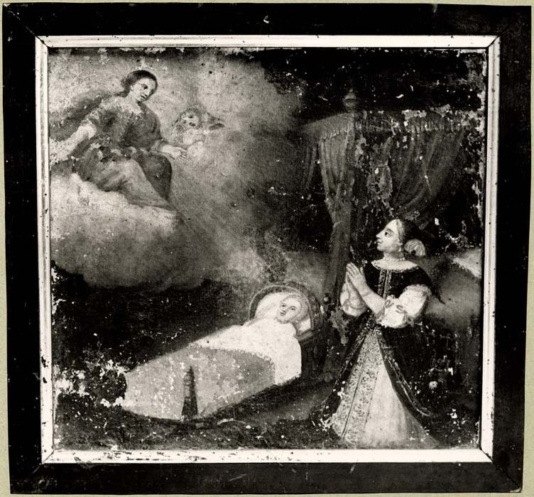 tableau ex-voto : Apparition de la Vierge à une mère de famille agenouillée devant le berceau d'un enfant (l’) - © Ministère de la Culture (France), Médiathèque du patrimoine et de la photographie, diffusion GrandPalaisRmn Photo