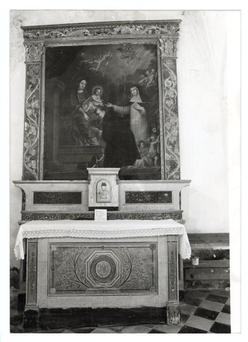 autel du Rosaire, retable, tableau d'autel : Notre Dame du Rosaire avec Saint Dominique, Sainte Catherine de Sienne et les âmes du Purgatoire 