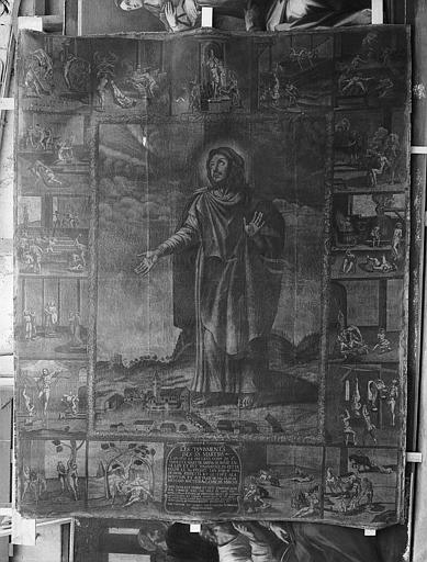 Peinture sur toile : Saint Modeste encadré de 17 scènes illustrant les tourments des saints Martyrs