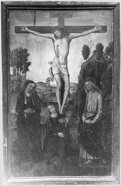 tableau : le Christ en croix entre la Vierge, saint Jean et sainte Madeleine, vue générale
