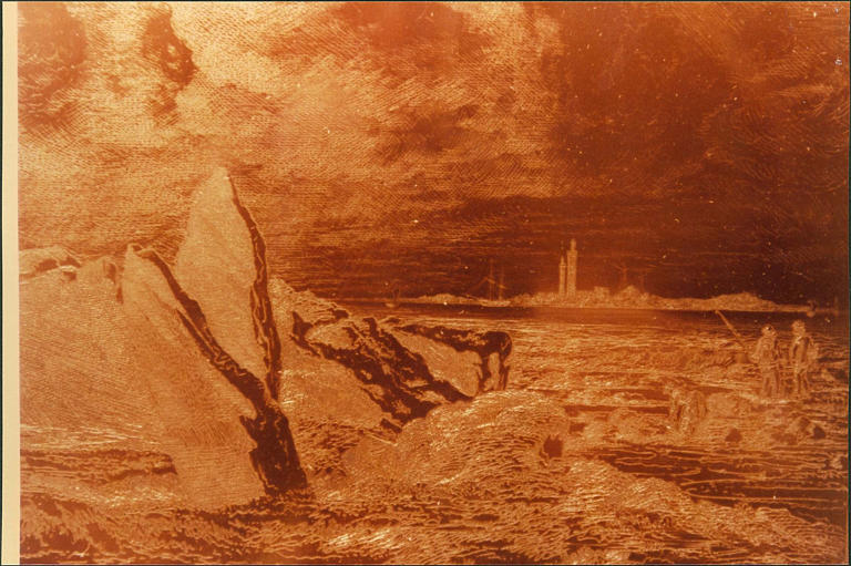 plaque d'impression : Noirmoutier, dolmen renversé à la pointe de l'Herbaudière, l'îlot du pilier