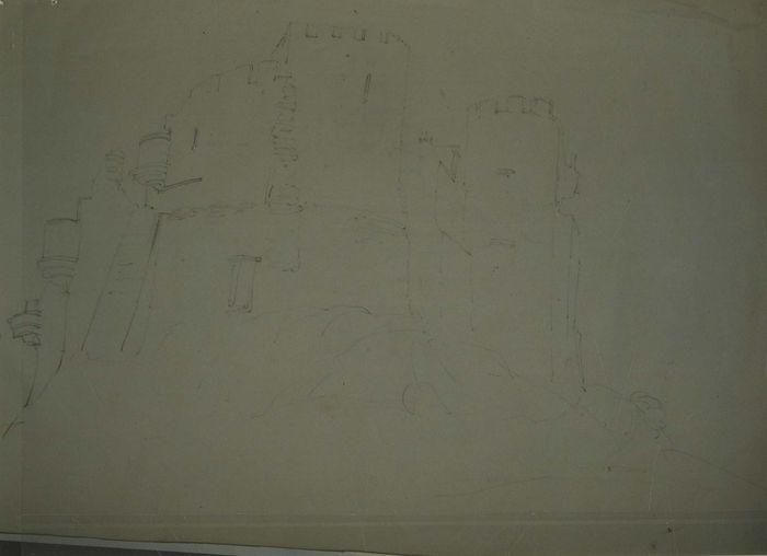 Dessin : Fontaine (recto), Château-fort (verso)