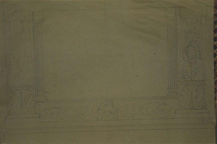Dessin : Cheminée basse, néo-Renaissance, à courtes colonnes cannelées et consoles gainées feuillagées
