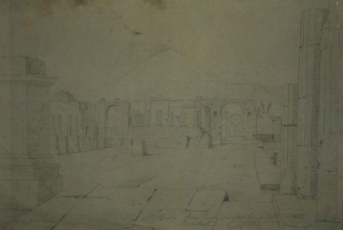 Dessin : Arc de triomphe, forum, temple de Jupiter et Vésuve dans le fond