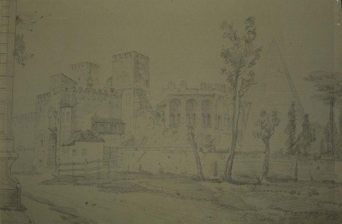 dessin : Anciennes ruines romaines, porte et pyramide de Cestius, vue générale
