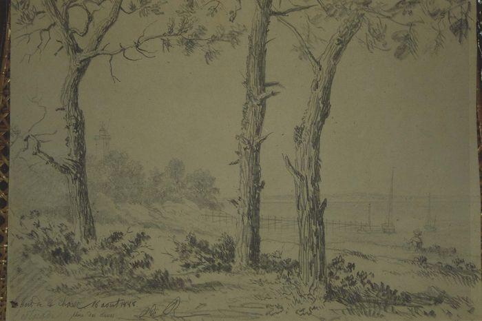 Dessin : Le Bois de la Chaise, estacade, phare des dames