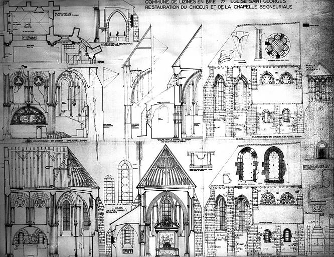 Restauration du choeur et de la chapelle seigneuriale : détails des coupes et élévations