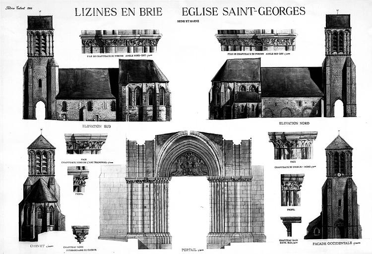 Elévations des façades, du chevet et du portail, détails des chapiteaux (Dessin à la plume et aquarelle)