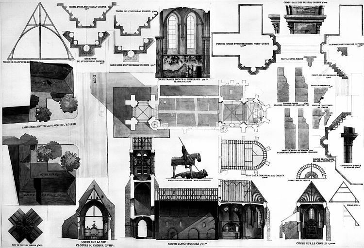 Aménagement de la place de l'église, plans, coupes longitudinale et transversale, détails (Dessin à la plume et aquarelle)